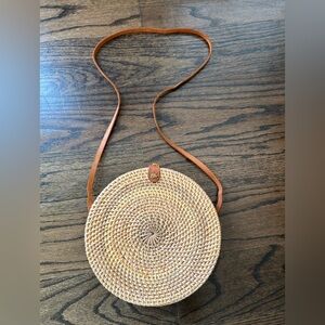 Round Woven Tan Crossbody Bag